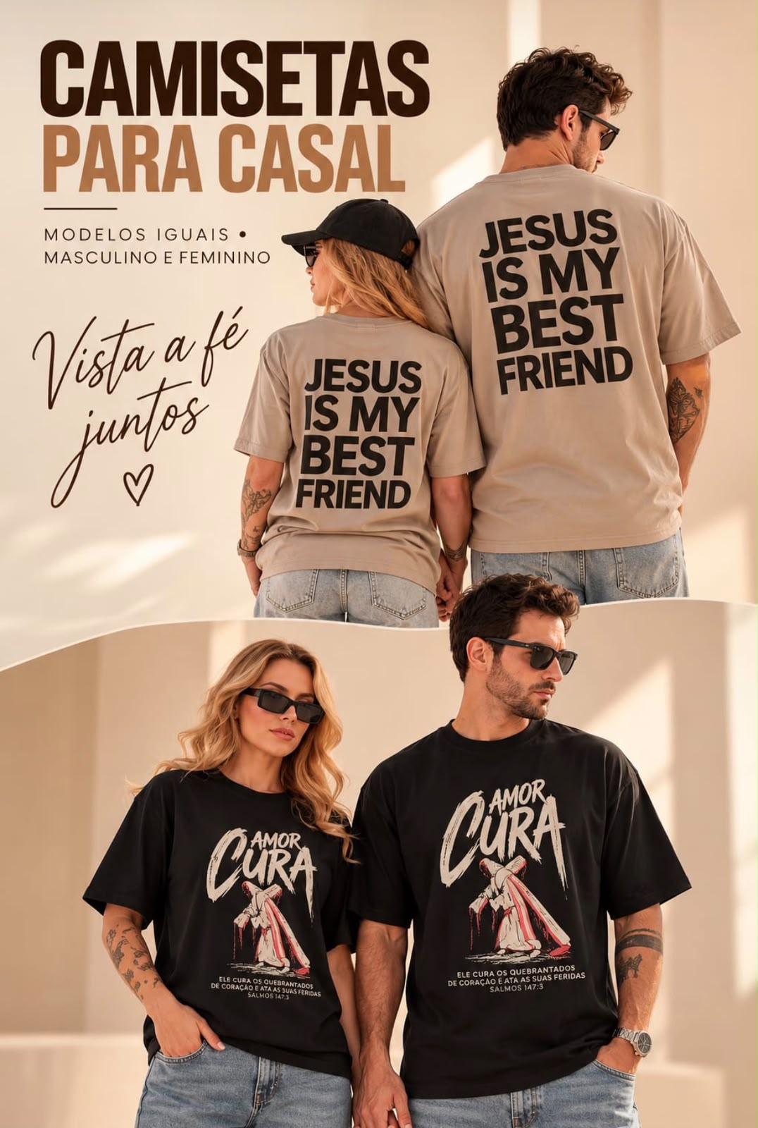 Referência de camisetas cristãs para casal, em modelos masculino e feminino
